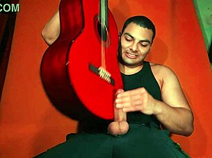 sexy chinese bodybuilder rubs spanish guitar on monster cock carrot background! 🎸🍆