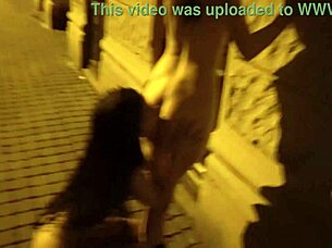 Tiny lesbians stroll naked, street sex bliss!