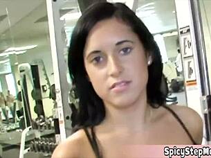 Golddigger milf brunette begs tight pussy gym workout pounding