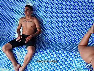 big ass colombian milf kylei ellish seduces young guy in public sauna for facial cum explosion