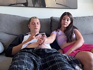 uh oh step bro caught jerking now petite sis gives handjob watching porn