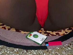 hey guys eyes on my red thong and trimmed pussy