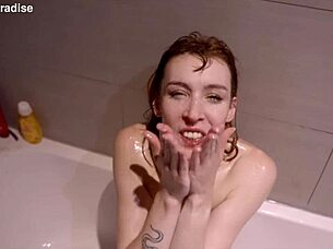 Skinny slut Pixie Pink overwhelmed by massive bukkake cum and piss drenching her completely in garage humiliation