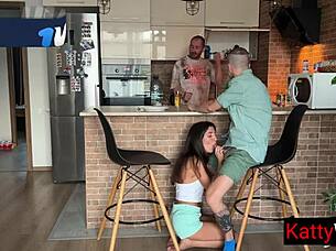 Cheating wife sneaks blowjob and cum facial from stranger while cuckold husband cooks dinner at desk