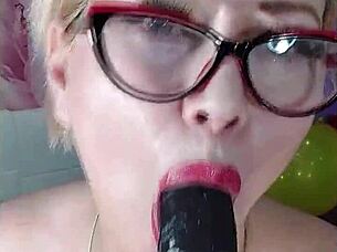 mature slut rams huge dildo deep into juicy pussy amid colorful balloons squirting wildly