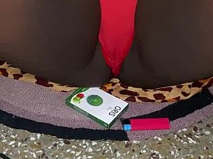 hey guys eyes on my red thong and trimmed pussy