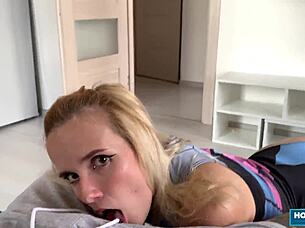 sweet blonde in stretchy bodysuit teases sucks rides uncut cock