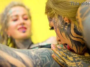 whoa, split-tongue tattooed lesbians dive into toy-filled anal atm fun with huge tits and orgasms! 🔥🍑💦😍