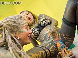 whoa, split-tongue tattooed lesbians dive into toy-filled anal atm fun with huge tits and orgasms! 🔥🍑💦😍