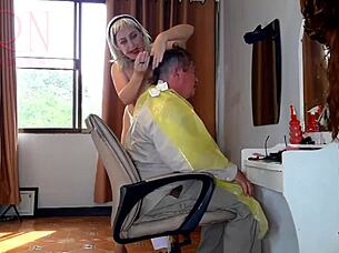 nudist milf hairdresser strips apron teases shaved pussy in barbershop cam