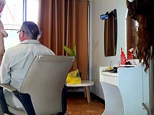 nudist milf hairdresser strips apron teases shaved pussy in barbershop cam