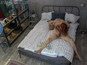 Mature guy deepthroats teen in stockings blowjob