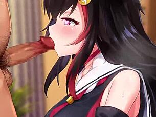 Hololive VTuber Ookami Mio sloppy blowjob