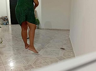 chubby curly latina neighbor cleans her new place with fat asian curves jiggling