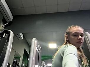 Horny Blonde BBW Fingers Fat Wet Pussy in Public Gym!