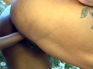 brazilian tattooed hottie fucks young stud at waterfall