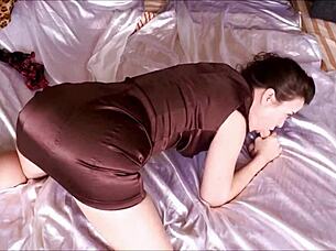 back in 1981 this french amateur rocks tight satin dress black thong stockings heels for epic pussy lick blowjob rimjob doggy