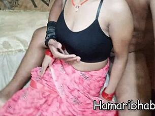 hot indian wife rocks pink saree and black bra