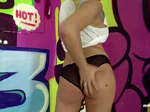 blonde babe flashes big tits plays hard nipples