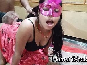 hot indian wife rocks pink saree and black bra