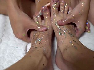 Hey cuties, shiny legs wrapped around huge rubber cock for steamy footjob fun!