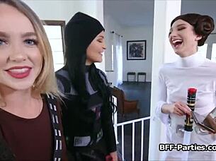 my horny cosplay girlfriends turn party into toy-filled fourway fuckfest!