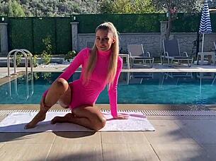 Yoga Blonde's Face Drowned in Huge Handjob Cumshot Explosion.