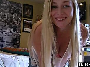 Teen strips tattoos piercings fingers pussy on bed for quick sex cash.