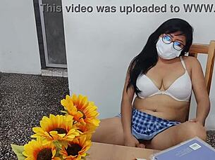 latina fake student dildo fucks inflated tits skirt