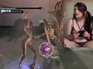 Sexy goth bimbo masturbates during Bayonetta gaming