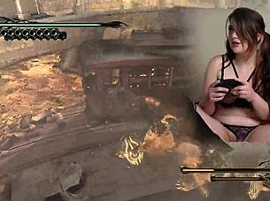 Sexy goth bimbo masturbates during Bayonetta gaming