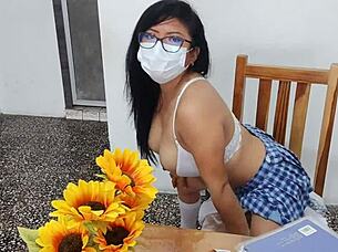 latina fake student dildo fucks inflated tits skirt