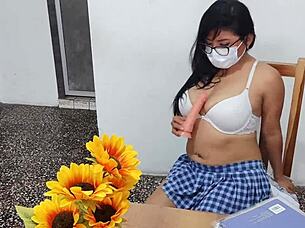 latina fake student dildo fucks inflated tits skirt