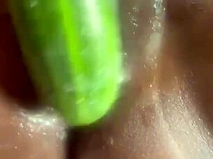 Sheer-clad teen pussy drips creampie from cucumber fuck