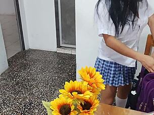 latina fake student dildo fucks inflated tits skirt