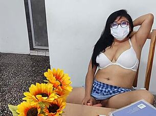 latina fake student dildo fucks inflated tits skirt