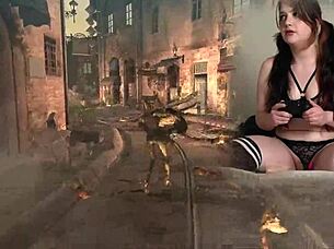 Sexy goth bimbo masturbates during Bayonetta gaming