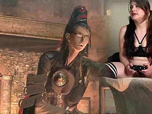 Sexy goth bimbo masturbates during Bayonetta gaming