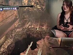 Sexy goth bimbo masturbates during Bayonetta gaming