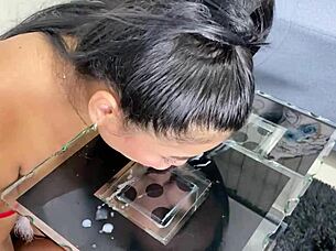 nasty latina eats huge cum from big tits pov