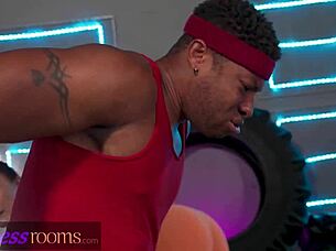 Gym fitness redhead goes crazy riding big black cock creampie POV