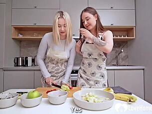 guy fucks our tight shaved cunts hard after kitchen cooking