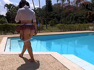 curvy latina slut masturbates poolside with dildo