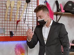 mature blonde domme milks cum into shaved mouth after titfuck 😈💋