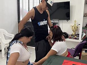 Pounding Two Latinas in Classroom Threesome Cumfest