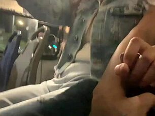 Bus slut grabs my cock and strokes it publicly