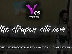 Assfucked slave cums hard under femdom strapon domination