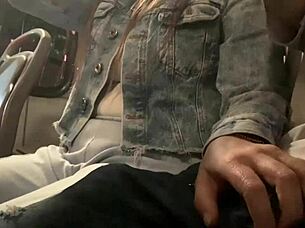 Bus slut grabs my cock and strokes it publicly