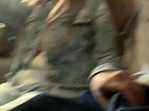 Bus slut grabs my cock and strokes it publicly