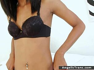 shemale brunette fists tight asshole with huge dildo